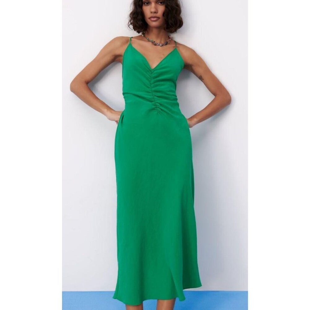 Zara Green Satin Effect Slip Midi Dress Size Small 23009